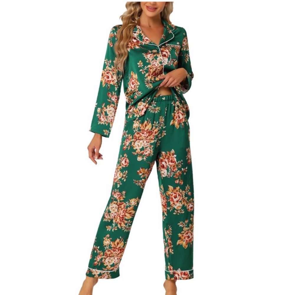 cheibear Pajamas Satiny Green Floral Long Sleeve Lounge Set 2 Pc Size Medium